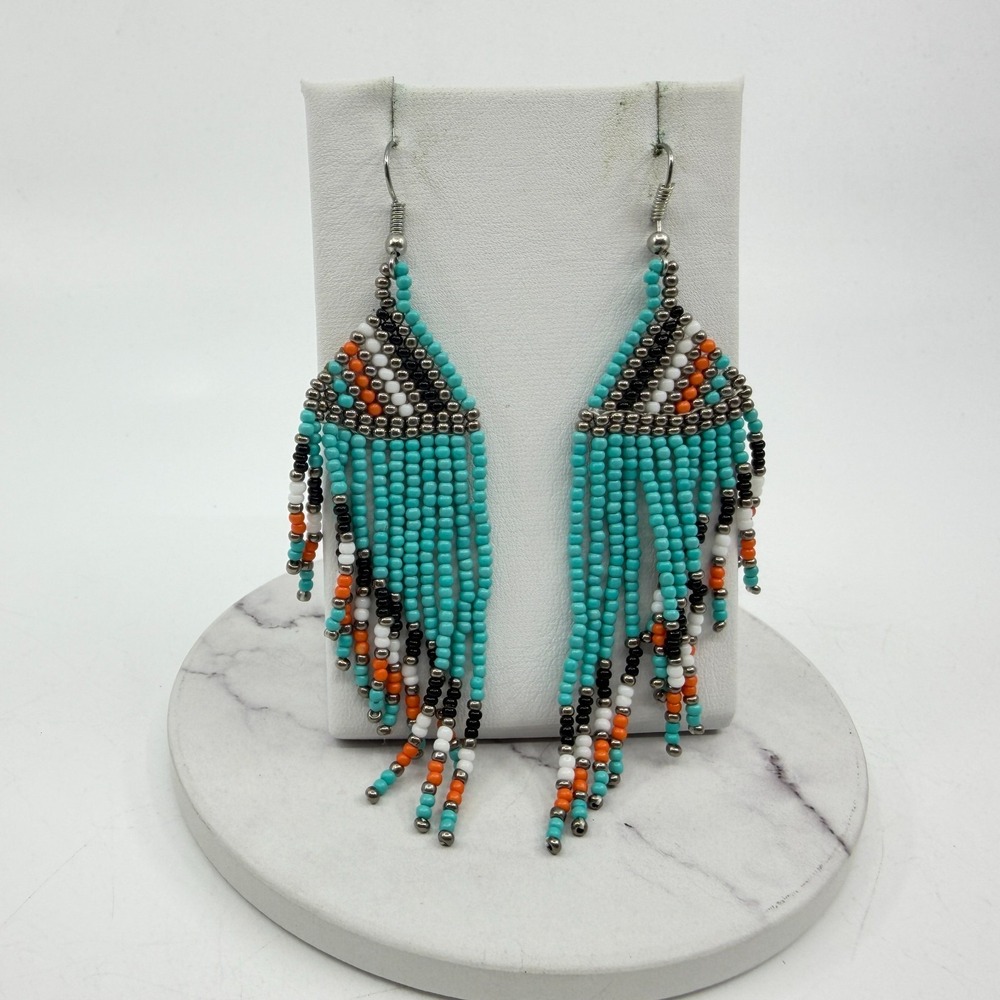 Native American Inspired Seed Bead Fringe Earrings Boho Festival Statement Gift